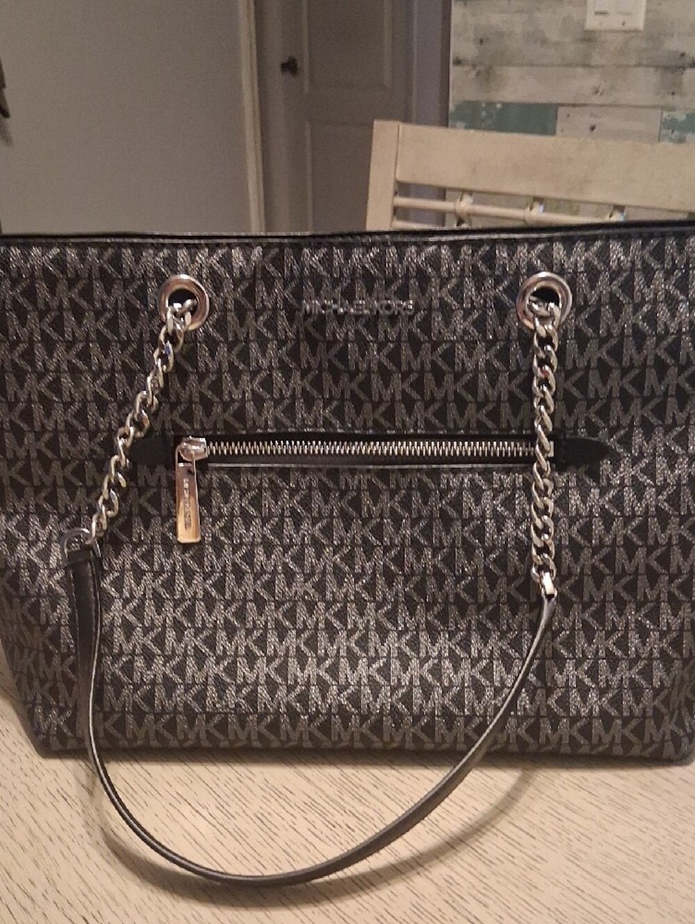 Michael Kors Black MK Logo Chain-Accent Tote 10x14x5 Approx. Measurements - Picture 2 of 13